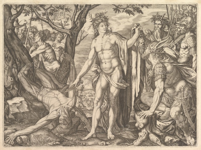 Apollo and Marsyas and the Judgment of Midas: at right Midas with the ears of an ass resti..., 1581. Creator: Melchior Meier.