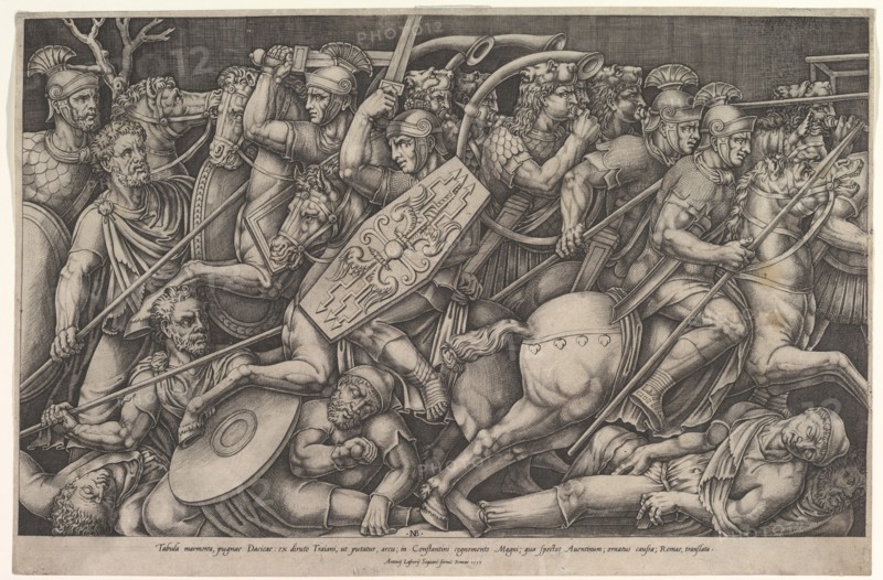 Roman soldiers fighting against Dacians, battle scene in shallow depth with horses and hor..., 1553. Creator: Nicolas Beatrizet.