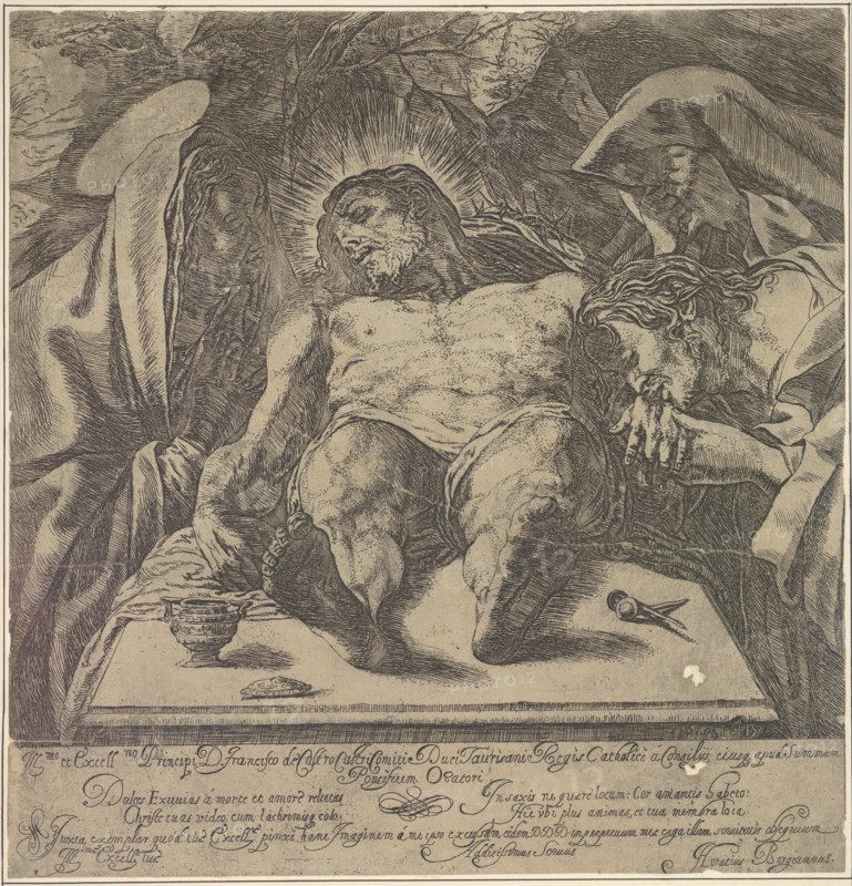 Lamentation over the body of Christ by the three Marys, a jar of ointment on the table to ..., 1615. Creator: Orazio Borgianni.
