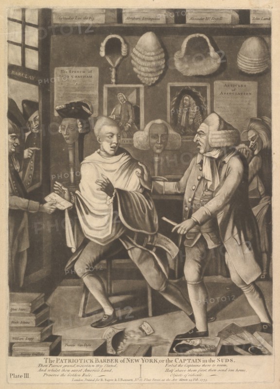 The Patriotick Barber of New York, or the Captain in Suds, February 14, 1775. Creator: Attributed to Philip Dawe