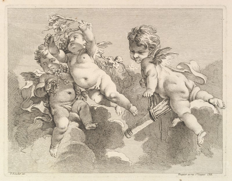 Three Loves, One holding a Quiver, the Other, Grapes, 1727-60. Creator: Pierre Alexandre Aveline.