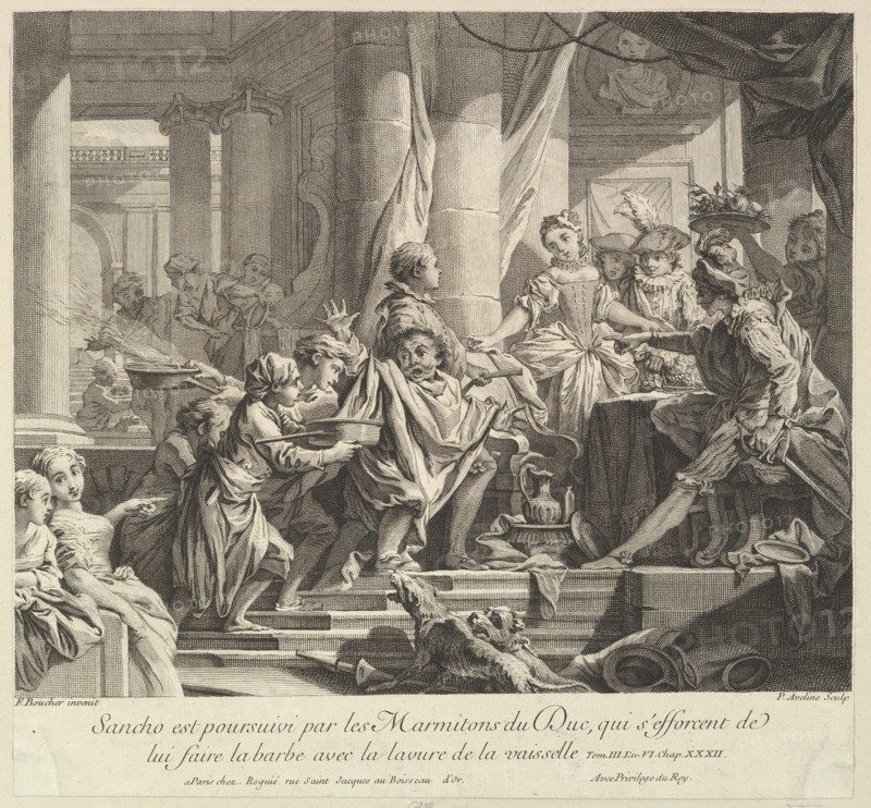 Sancho Pursued by the Kitchen Boys of the Duke, 18th century. Creator: Pierre Alexandre Aveline.