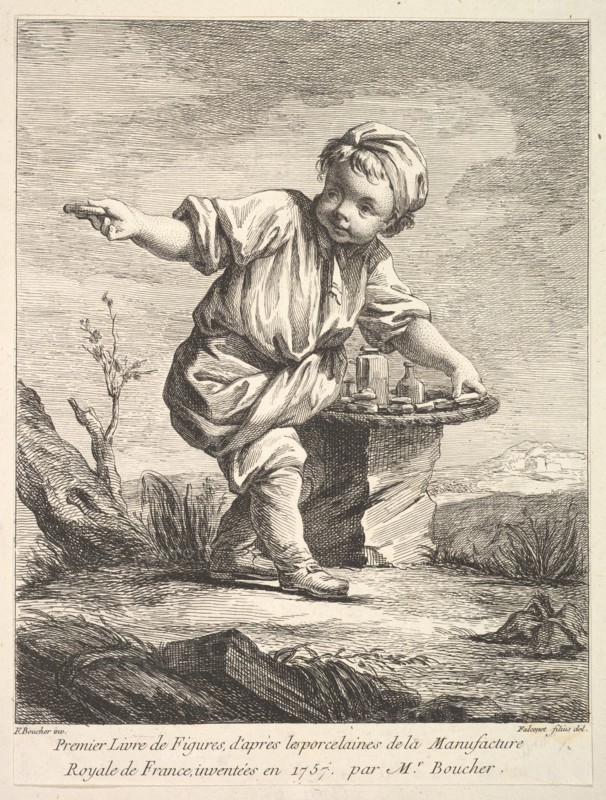 Frontispiece with litte boy holding a basket, from Premier Livre de Figures d'après les po..., 1757. Creator: Pierre Etienne Falconet.