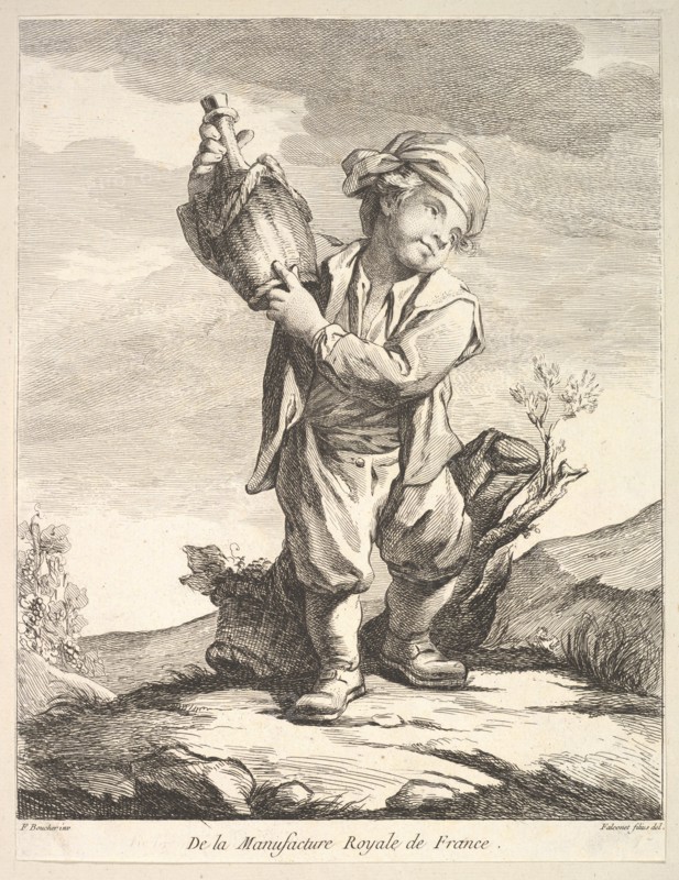 Little boy holding a vessel, from Premier Livre de Figures d'après les porcelaines de la M..., 1757. Creator: Pierre Etienne Falconet.