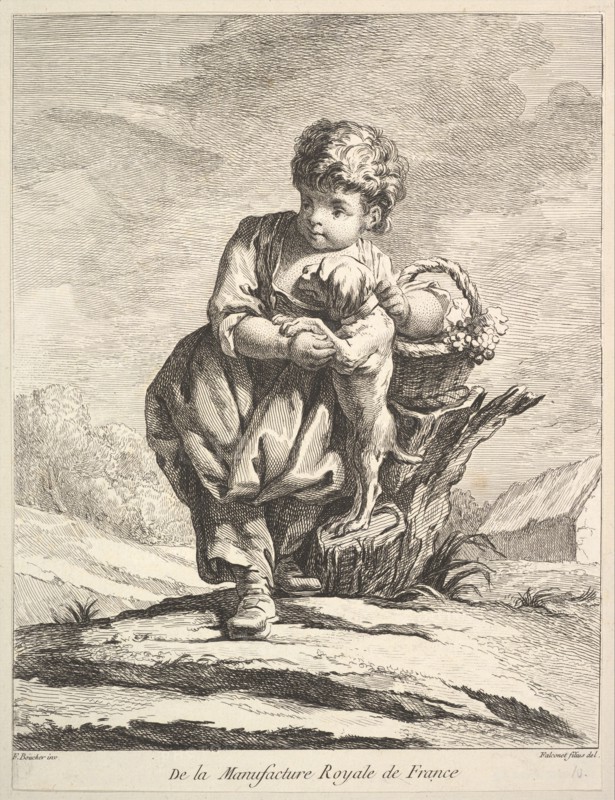 Child with a dog, holding a basket of grapes, from Premier Livre de Figures d'après les po..., 1757. Creator: Pierre Etienne Falconet.