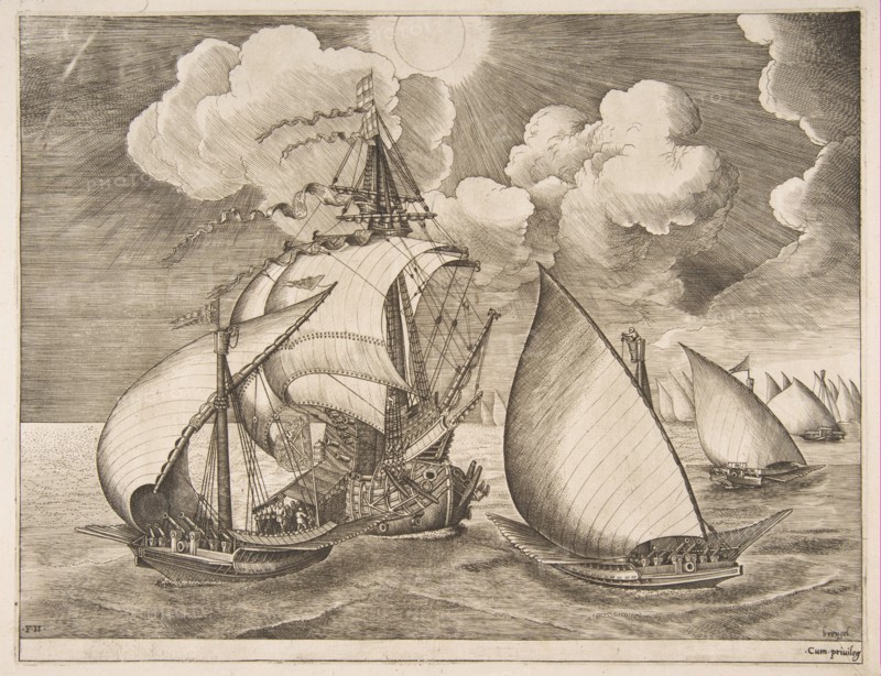 Fleet of Galleys Escorted by a Caravel from The Sailing Vessels, 1561-65. Creator: Frans Huys.