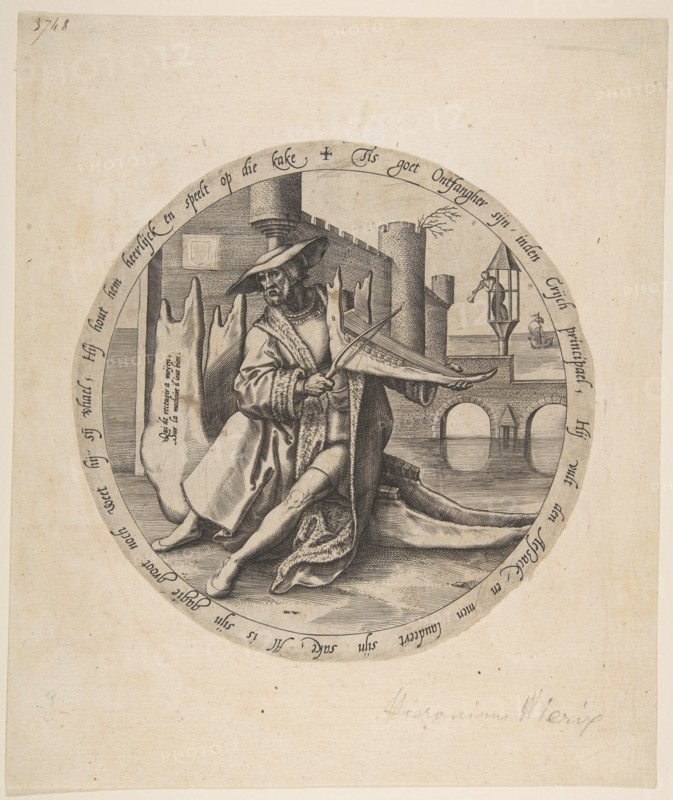The Rich Man Playing Violin on a Jaw Bone, ca. 1568. Creator: Jan Wierix.