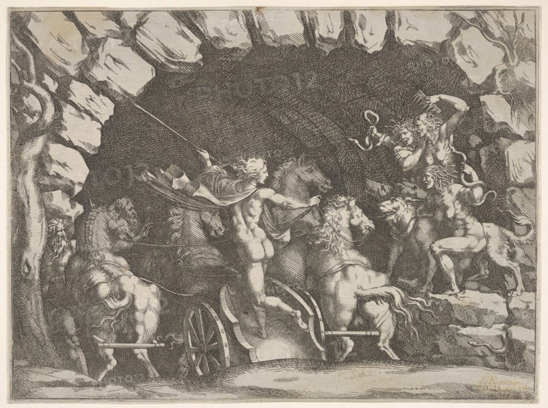 Pluto, seen from behind, entering the Underwold on his chairot, Cereberus and three Fu..., ca. 1680. Creator: Pietro Santi Bartoli.