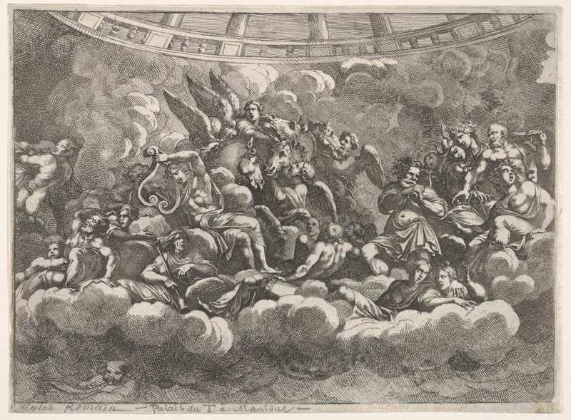 Gathering of various Olympian gods and mythological figures among clouds, Apollo at ce..., ca. 1680. Creator: Pietro Santi Bartoli.