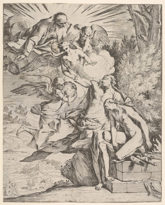 Sacrifice of Isaac: an angel presses against the dagger-bearing arm of Abraham, who ..., ca.1645-50. Creator: Pietro Testa.