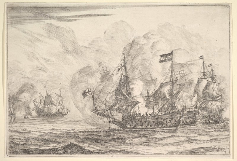 Naval Encounter with Three Vessels on the Right, from Naval Battles