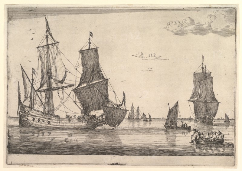 Large Sailing Vessel and Rowing Boat, 17th century. Creator: Reinier Zeeman.
