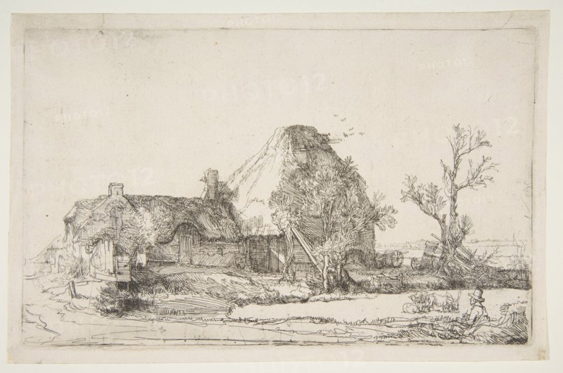 Cottages and Farm Buildings with a Man Sketching, ca. 1645. Creator: Rembrandt Harmensz van Rijn.