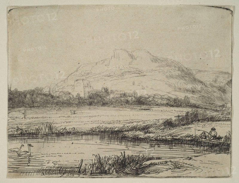 Canal with an Angler and Two Swans, 1650. Creator: Rembrandt Harmensz van Rijn.