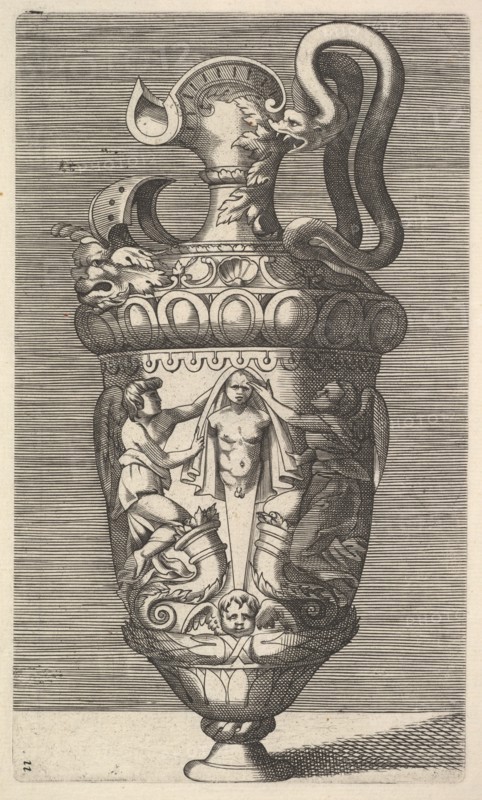 Vase with Two Winged Figures Draping a Term, 17th century. Creator: Rene Boyvin.