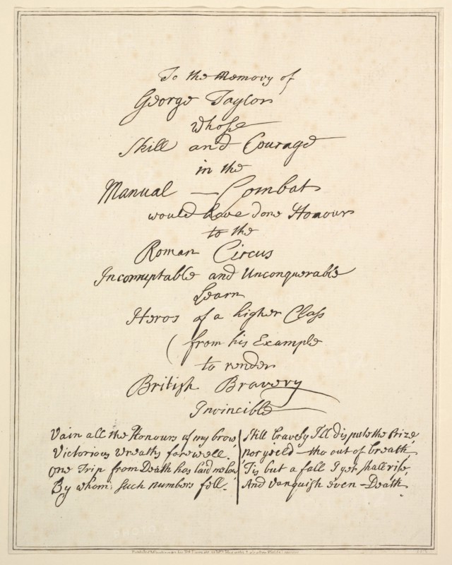 To the Memory of George Taylor Whose Skill and Courage in Manual Combat Would Have Done Ho..., 1782. Creator: Richard Livesay.