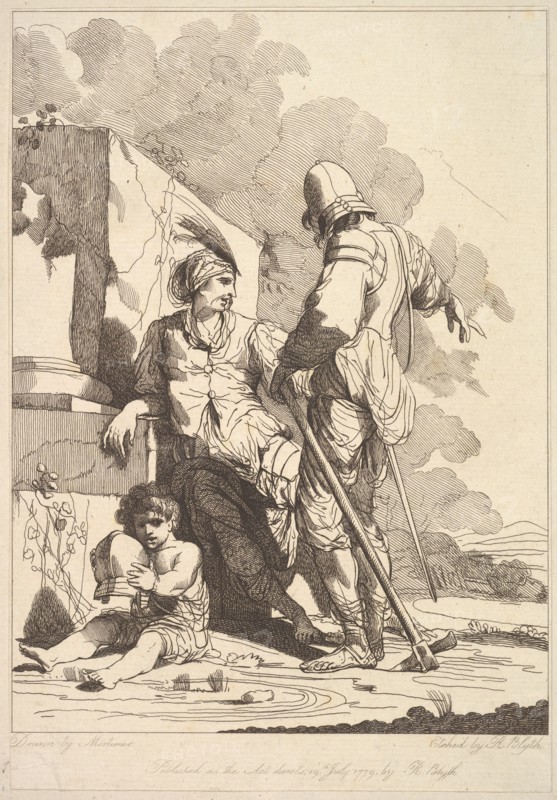 Two Soldiers and Child Holding a Helmet, July 19, 1779. Creator: Robert Blyth.
