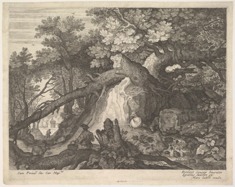 A man holding a staff and seated on a tree trunk; with two goats to either side; surro..., ca. 1600. Creator: Aegidius Sadeler II.
