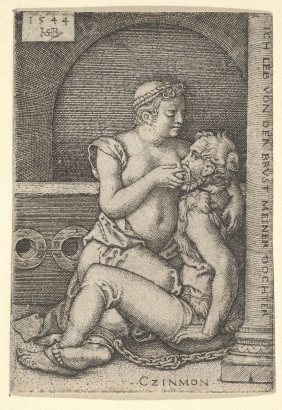Cimon seated against a column at right, suckling from Pero who is kneeling next to him, 1544. Creator: Sebald Beham.