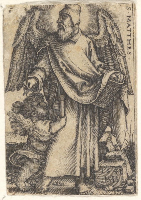 Plate 1: Saint Matthew with his head turned in profile to the left, a cherub at bottom lef..., 1541. Creator: Sebald Beham.