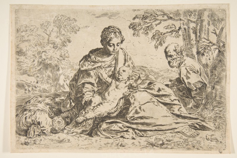 Rest on the flight into Egypt, Mary holding the infant Christ with St. Joseph ..., ca.1640 or after. Creator: Unknown.