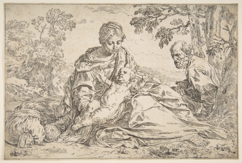 Rest on the flight into Egypt, Mary holding the infant Christ with St. Joseph at right, ca. 1640. Creator: Simone Cantarini.