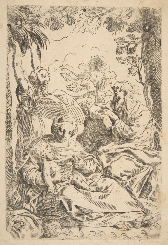 Repose in Egypt, Holy Family seated while an angel pulls at tree branche..., ca. 1637-1639 or after. Creator: Unknown.