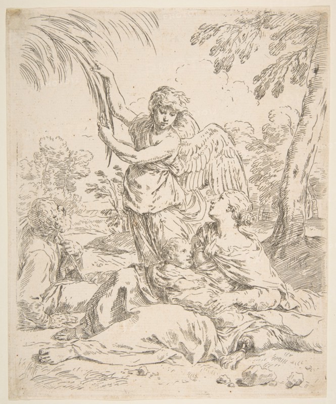 Repose in Egypt, Mary nursing the infant Christ while an angel pulls at tree branches, ca. 1639. Creator: Simone Cantarini.