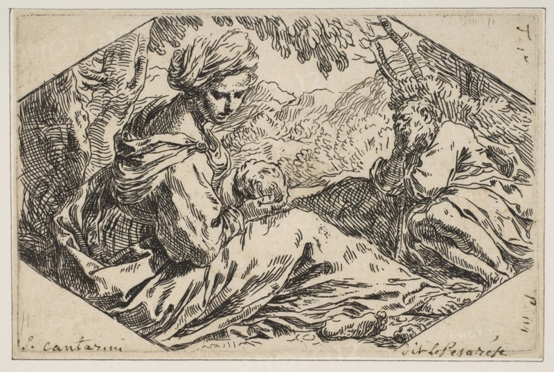 Repose in Egypt, Mary holding and looking at the infant Christ while St. Joseph s..., ca. 1637-1639. Creator: Simone Cantarini.