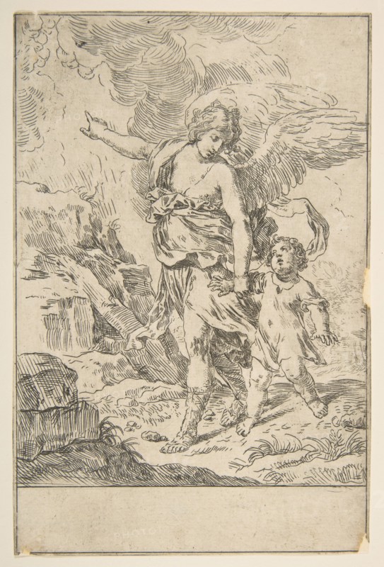 A guardian angel walking with a child, ca. 1640. Creator: Simone Cantarini.