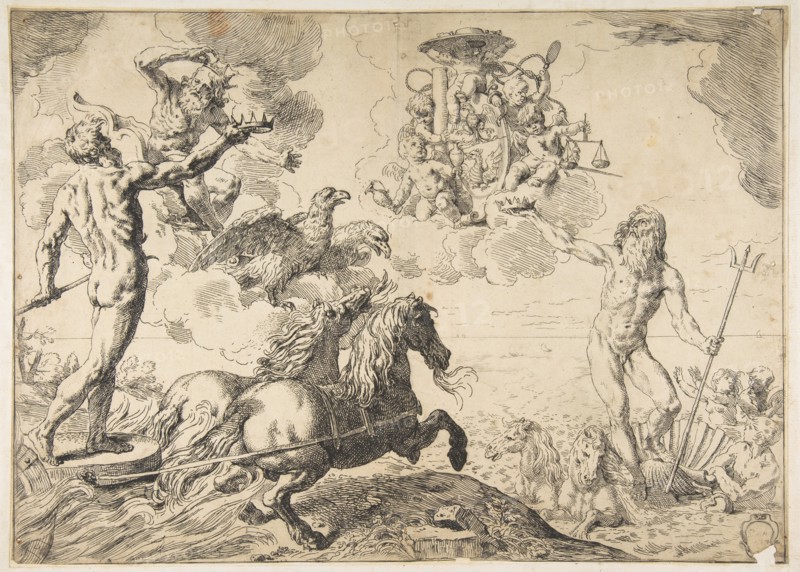 Jupiter, Neptune, and Pluto offering their crowns to the arms of Cardinal Borghese, 1642-43. Creator: Simone Cantarini.
