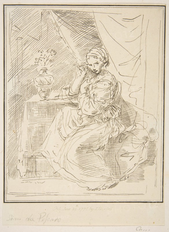 A female figure seated beside a flower vase, 1775. Creator: Unknown.