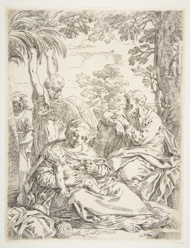 The Holy Family resting on their flight into Egypt, ca. 1637-1639. Creator: Simone Cantarini.