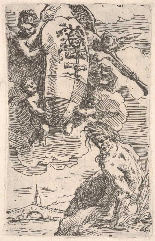 Allegory of the Foglia River and the city of Pesaro's coat of arms, frontispiece for 'Il P..., 1639. Creator: Simone Cantarini.