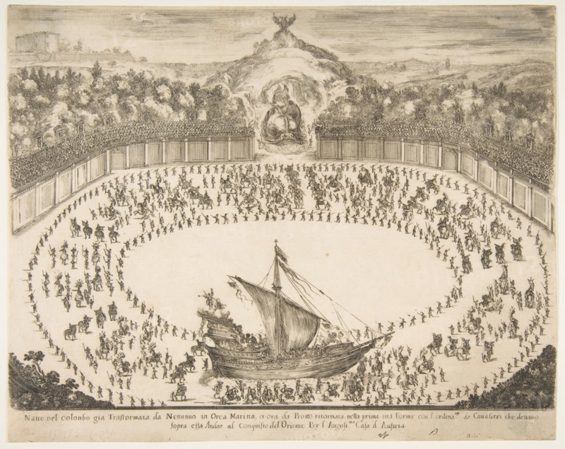 Parade float in the form of a ship, coat of arms of the Grand Duke of Modena at top, 1652. Creator: Stefano della Bella.