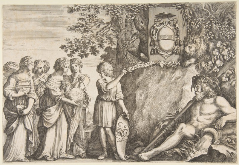 Ornament design for a thesis, the Strozzi coat of arms at top, ca. 1660. Creator: Stefano della Bella.