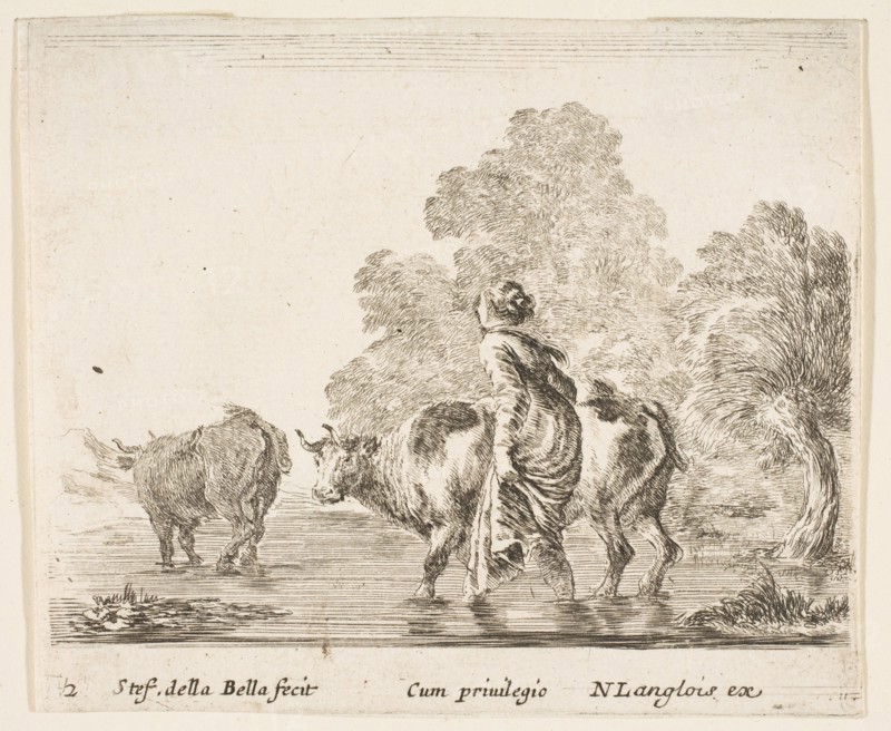 Plate 2: a peasant woman herds two cows across a stream, walking towards the left..., ca. 1644-47. Creator: Stefano della Bella.