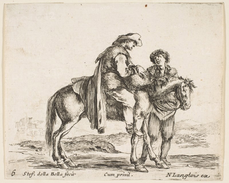 Plate 6: a peasant on horseback in profile facing the right, holding a basket and t..., ca. 1644-47. Creator: Stefano della Bella.