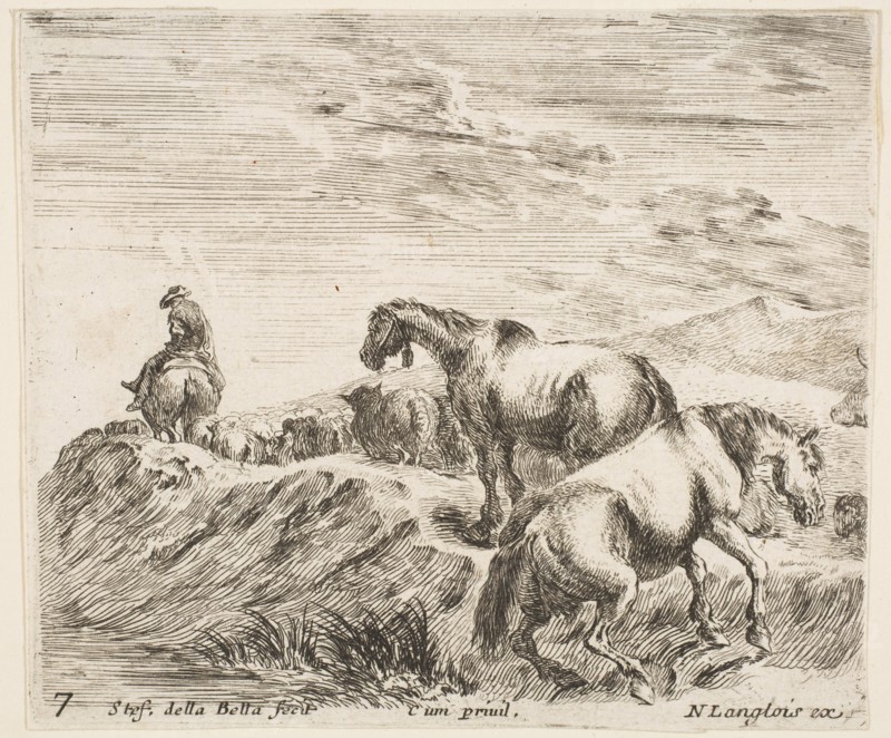 Plate 7: two horses ascending the bank of a river at right, following a procession ..., ca. 1644-47. Creator: Stefano della Bella.