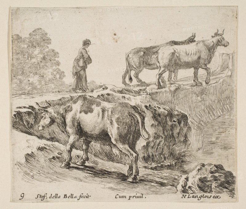 Plate 9: a cow ascending a bank, a peasant woman leading two cows across a bridge i..., ca. 1644-47. Creator: Stefano della Bella.