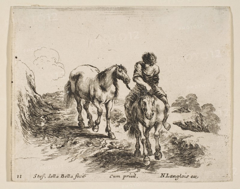 Plate 11: a young horseman, seen from the front, leading another horse, from 'Diver..., ca. 1644-47. Creator: Stefano della Bella.