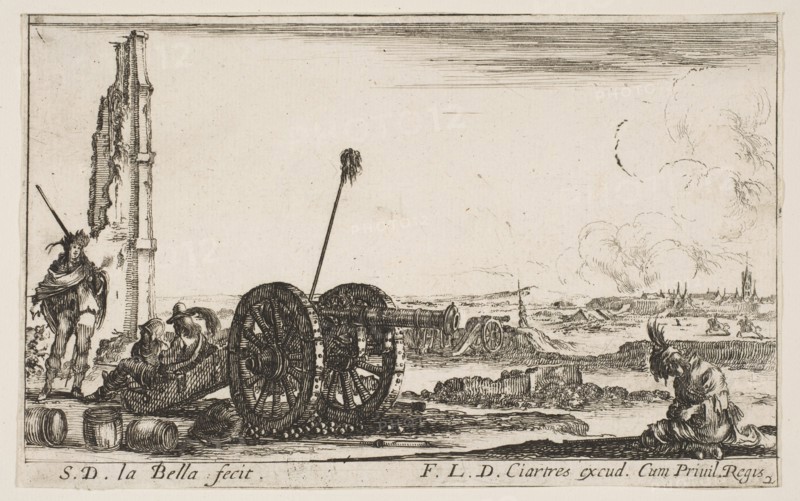 Plate 2: A cannon to the left, a town in the background, from 'Various Military Capric..., ca. 1641. Creator: Stefano della Bella.