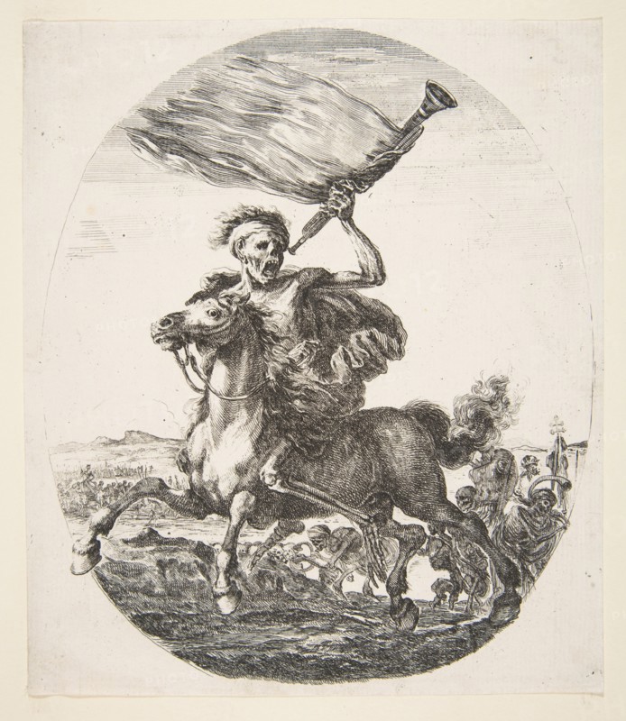 Death on horseback holding a trumpet, from 'The five deaths'