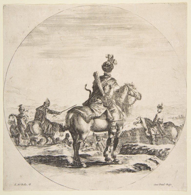 Polish horseman with a bow and arrow, seen from behind with his horse facing right, a ..., ca. 1651. Creator: Stefano della Bella.