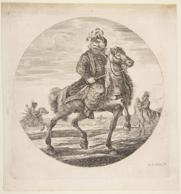 Hungarian horseman riding towards the right, other horsemen in the background, a circu..., ca. 1651. Creator: Stefano della Bella.
