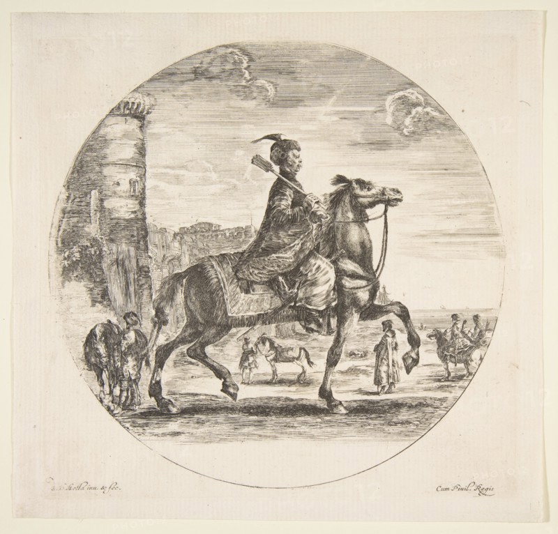 Polish horseman in profile facing right, a tower and other figures on horses in backgr..., ca. 1651. Creator: Stefano della Bella.