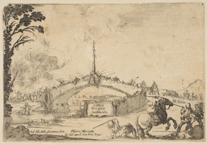 Combat on a bridge, a horseman and two footsoldiers battle with swords at bottom right..., ca. 1645. Creator: Stefano della Bella.