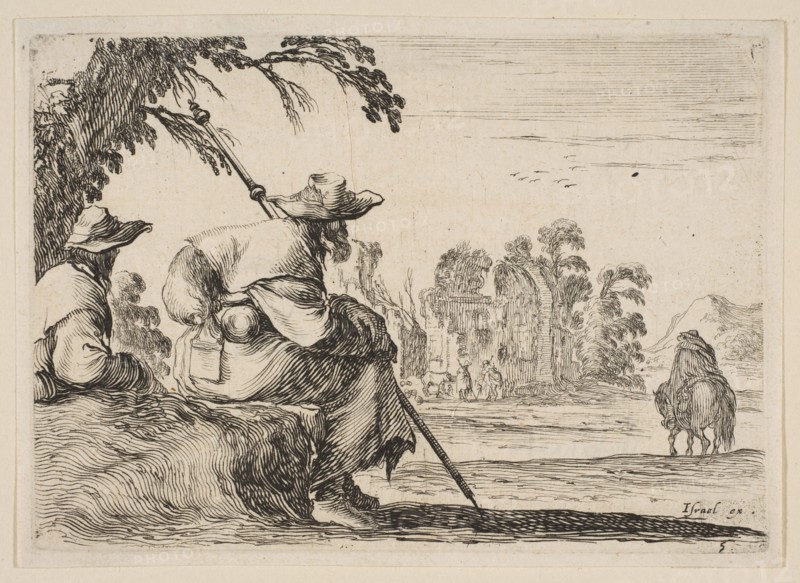 Plate 5: two pilgrims with hats rest to the left, seen from behind, a horseman rides towar..., 1642. Creator: Stefano della Bella.