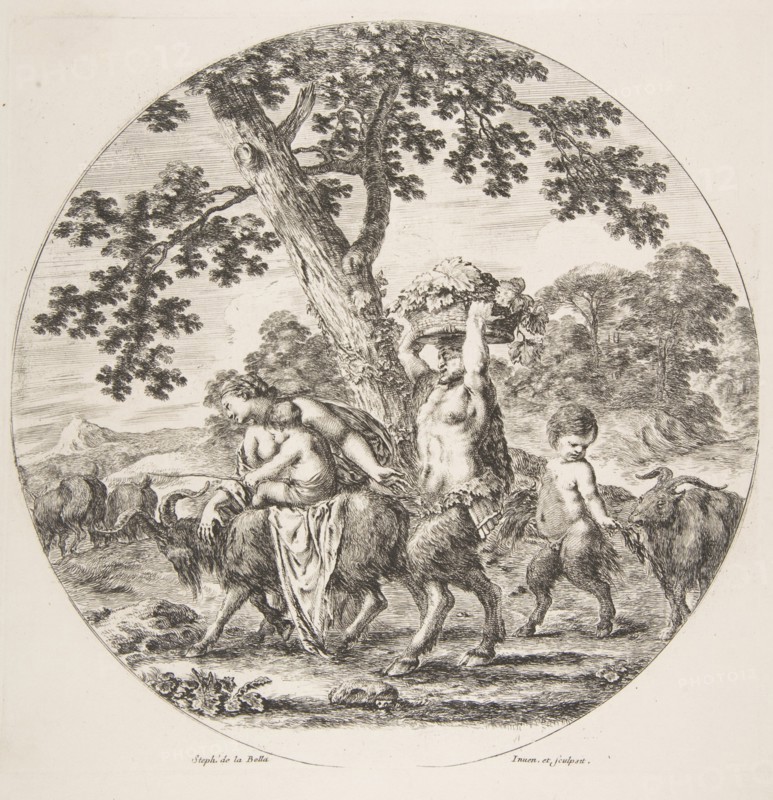Satyr family walking towards the left with two goats and a basket of grapes, ca. 1657. Creator: Stefano della Bella.