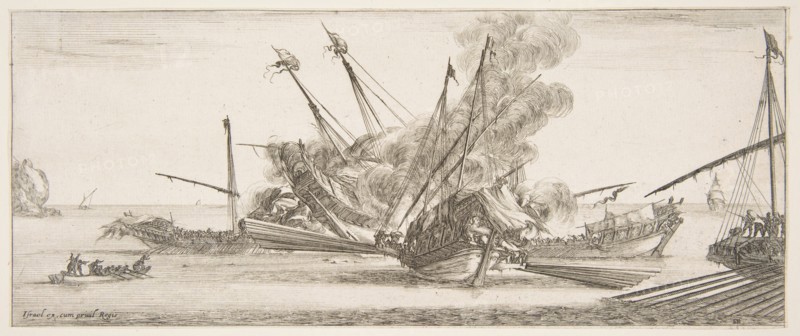 Naval combat, a ship at center, seen from behind, firing at four enemy ships, another ..., ca. 1641. Creator: Stefano della Bella.
